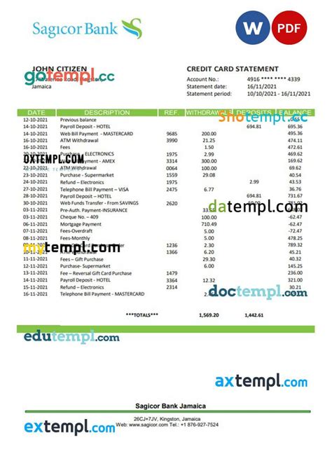 Jamaica Sagicor Bank Statement Template Word And Pdf Format Doc And