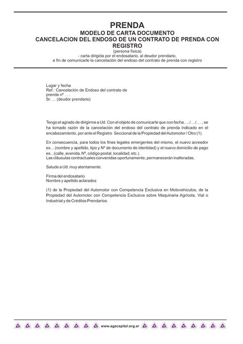 Cancelacion Endoso De Contrato De Prenda Prenda Modelo De Carta