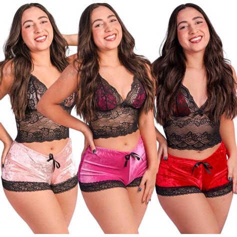 Kit Pijama Baby Doll Feminino Lingerie Veludo Luxo Renda Short Doll Veludo Sexy Shopee Brasil