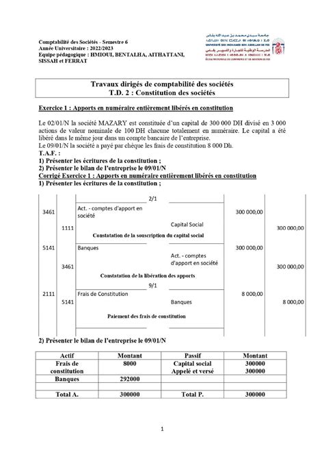 Td Constitution Comptabilite Des Societe Studocu