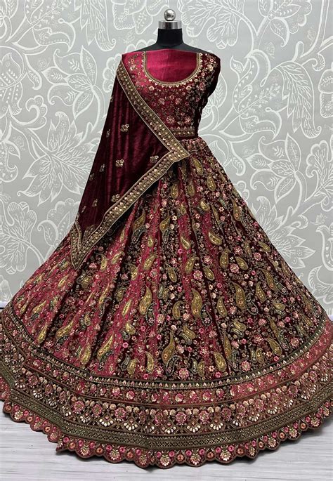 Maroon Velvet Bridal Lehenga Choli