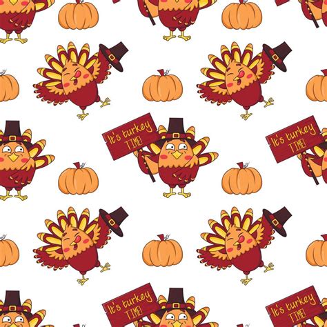 Seamless Pattern With Cute Cartoon Turkeys Wearing A Pilgrim Hat With