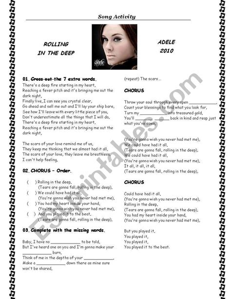 Song - ROLLING IN THE DEEP - Adele - ESL worksheet by FabianaB.