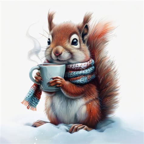 Cute Squirrel In Winter Scarf Holding Hot Drink To Stay Warm Stock Photo Image Of Wildlife
