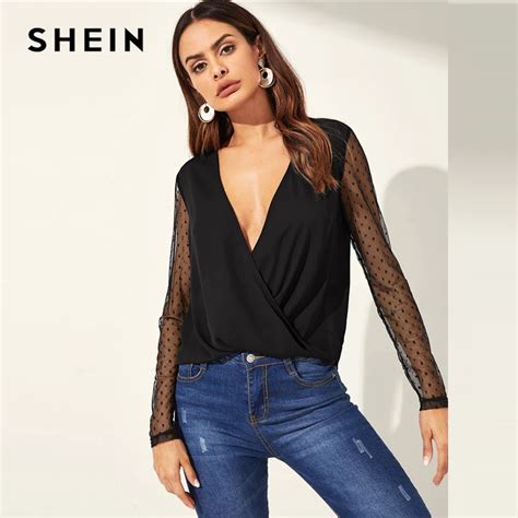 Aliexpress Buy Shein Sexy Black Deep V Neck Dot Contrast Mesh