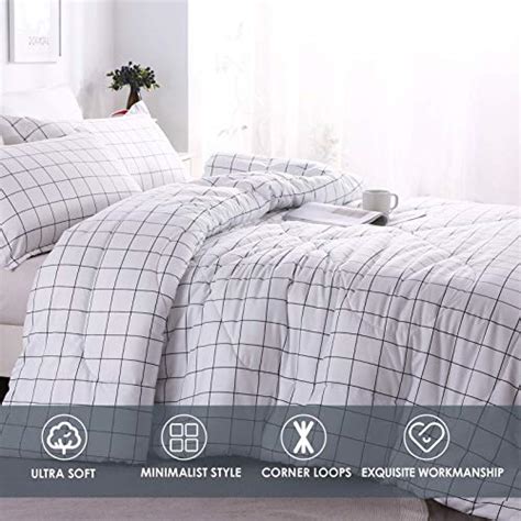 Andency White Grid Comforter Set Queen Size 90x90 Inch 3 Pieces 1