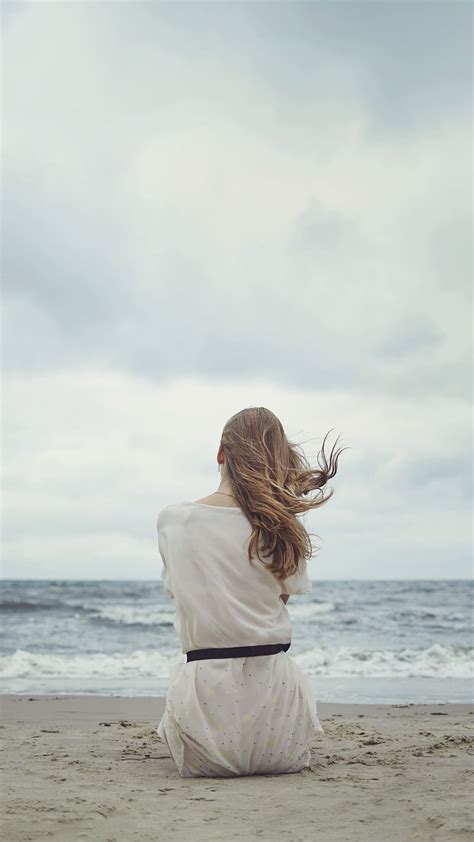 Alone Girl Sitting In The Beach Sitting Beach Pose Sea Water Hd