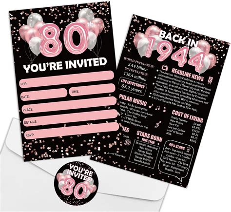 Rewidparty Rose Gold 80th Birthday Invitation Cards With