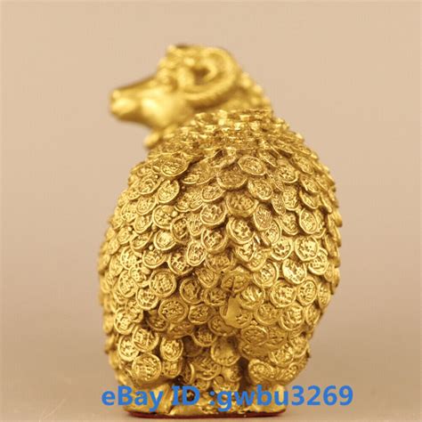 Collect Fengshui Chinese Brass Copper Carved Lucky Fu Sheep Statues 万福羊