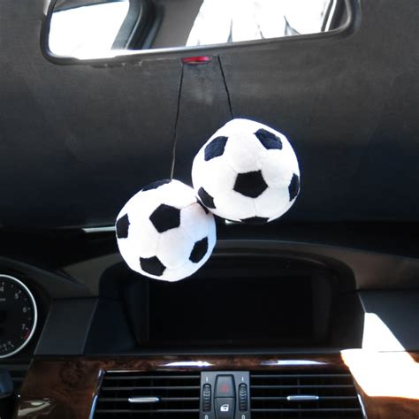 Fuzzy Hanging Rearview Mirror Soccer Balls Pair Johnnylawmotors