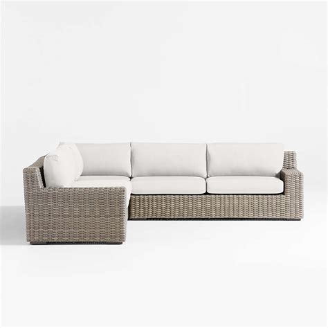 Abaco Resin Wicker 3 Piece L Shaped Outdoor Sectional Sofa With White Sand Sunbrella Cushions