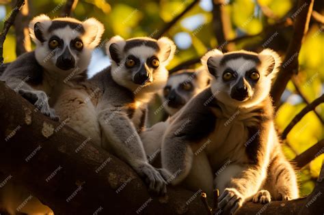 Premium Ai Image A Group Of Lemurs Sitting On A Tree Branch