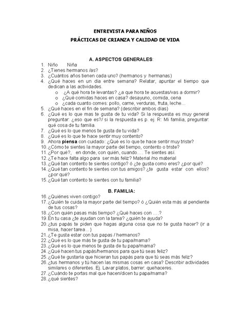 Entrevista para niños - ENTREVISTA PARA NIÑOS PRÁCTICAS DE CRIANZA Y