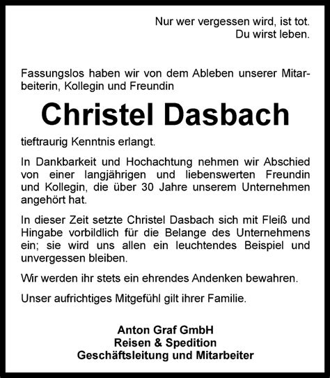 Traueranzeigen Von Christel Dasbach Trauer In Nrw De