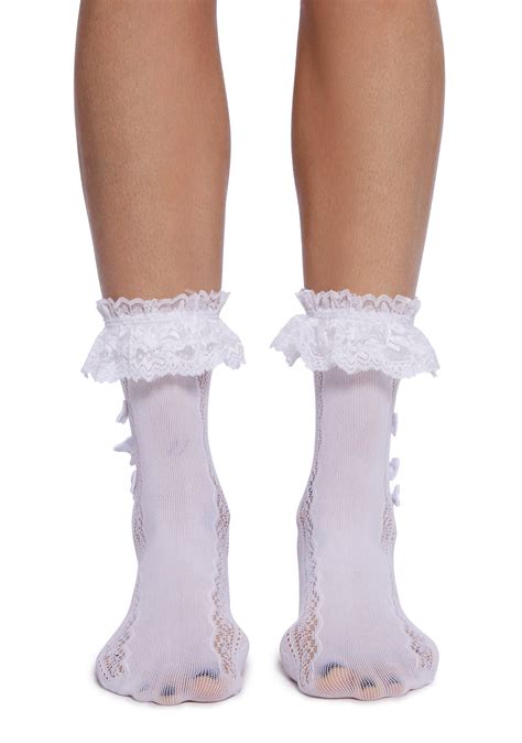 Pointelle Knit Ruffle Lace Bow Crew Socks White Dolls Kill