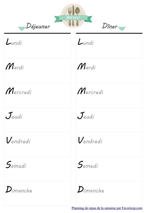 Planificateur Menus De La Semaine Imprimer Planning Pdf Vierge
