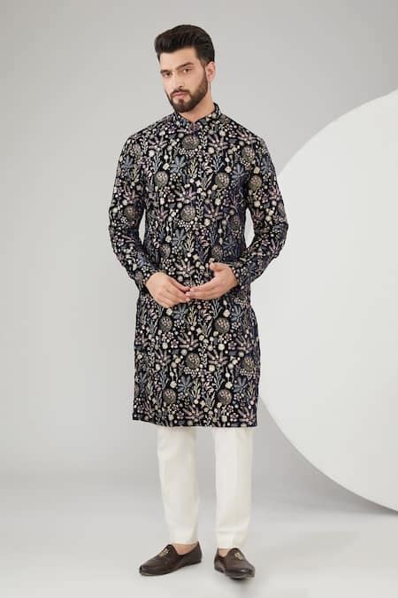 Buy Blue Velvet Embroidered Thread Floral Kurta For Men By Kasbah