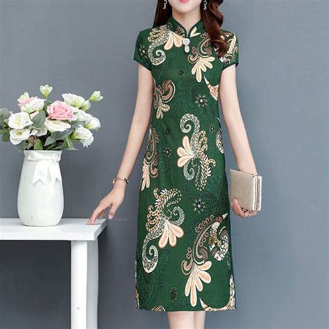 Brandneu Ausgehen Langes Kleid Cheongsam Chinesischer Stil Kurzarm