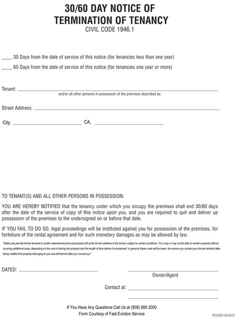 Printable Sample 30 Day Notice Form Termination Of Tenancy Eviction