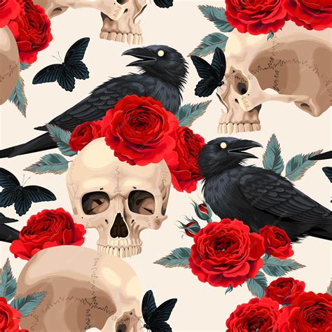 Premium Vector | Vector seamless pattern with raven and human skull and