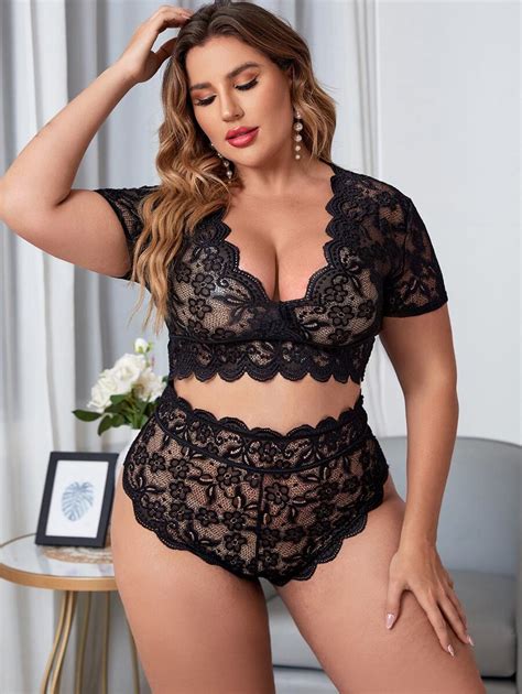 Conjunto De Lingerie Plus Size Cintura Alta Acabamento Em Renda