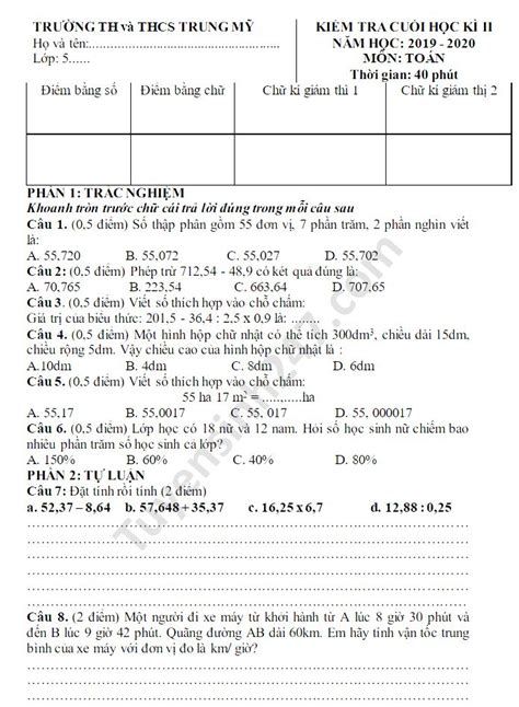 Đề thi học kì 2 môn Toán lớp 5 TH THCS Trung Mỹ năm 2020