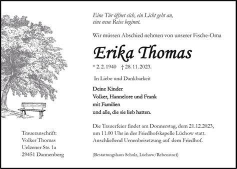 Das Trauerportal F R L Chow Dannenberg Todesanzeigen Erika Thomas