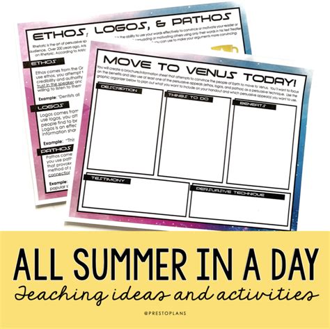 Teaching All Summer In A Day By Ray Bradbury Presto Plans