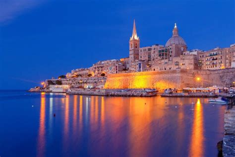 Valletta. Mediterranean Harbor at Night. Stock Photo - Image of ...