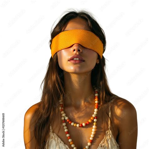 Profile Of Excited Woman With Naked Shoulders And Breast Holds And Eyes Covered With Scarf On