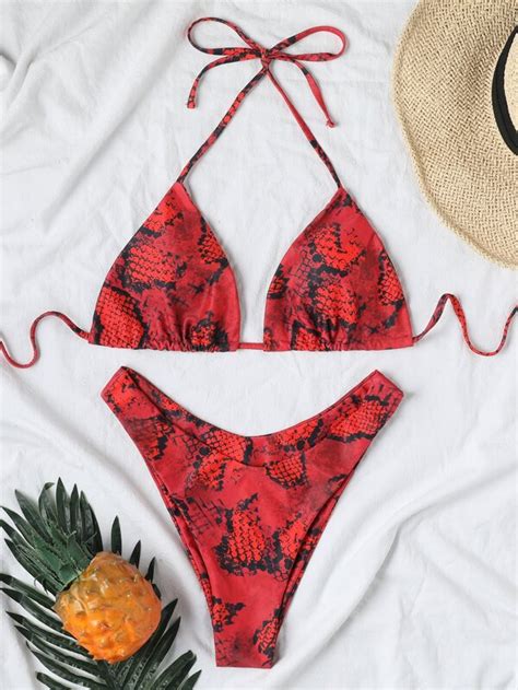 Shein Swim Vcay Snakeskin Print Triangle Halter High Cut Bikini