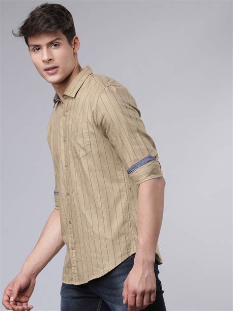 Buy Highlander Khaki Navy Blue Slim Fit Striped Casual Shirt For Men