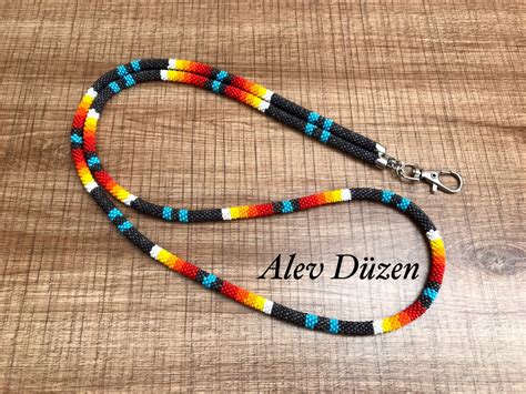 Gray Native American Style Lanyard Beaded Badge Holder Etsy