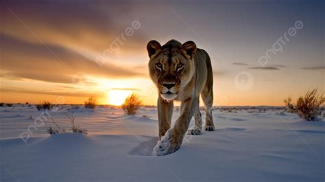 Lion Walking In A Snowy Field At Sunset Background, National Geographic ...