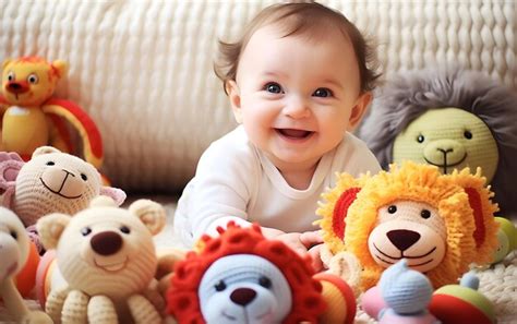 Happy baby with soft toys smiling with many teddy happy baby with many toys baby smiling ...