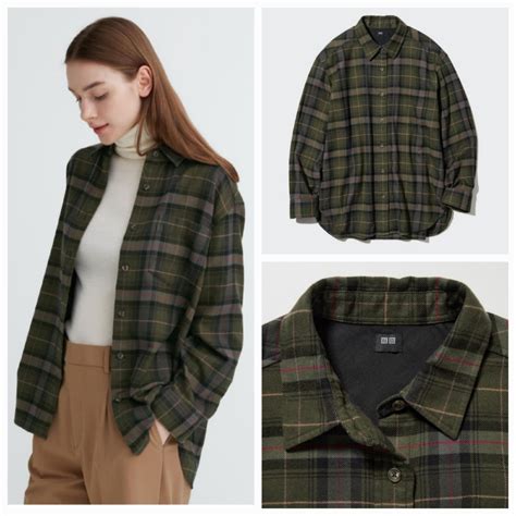 Uniqlo Wanita Kemeja Flannel Olive Baru Asli Original Fesyen Wanita