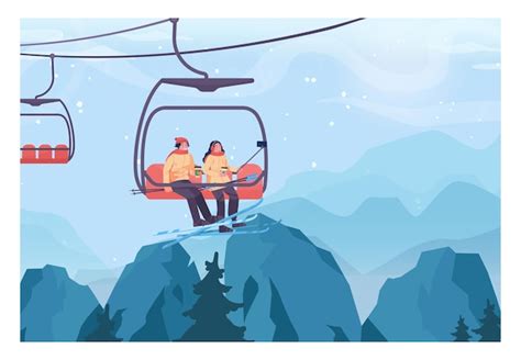 Premium Vector Skiers Lifting Up To A Slope By Ski Lift Couple Taking