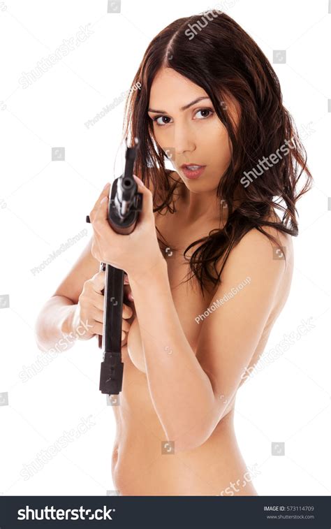 Sexy Nude Brunette Girl Model Weapon Foto Stok 573114709 Shutterstock