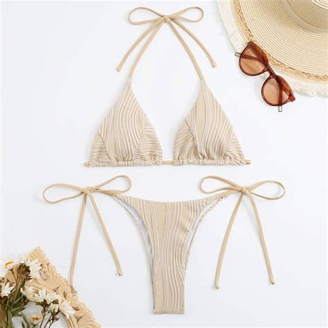 Textured Bikini Tie Up Two Piece Swimsuit Swimwear Beach Wear Shopee Philippines