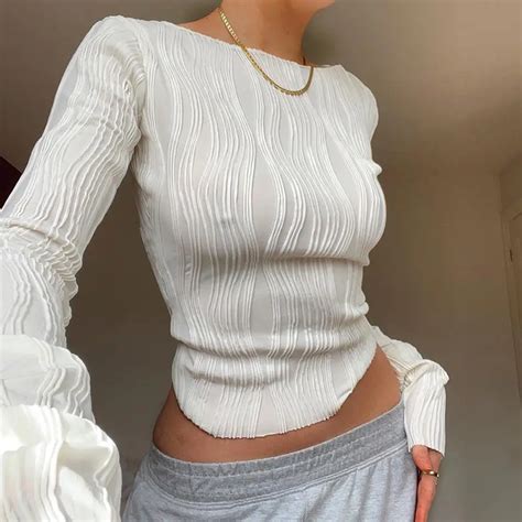 Harajuk 2022 Autumn Ruched Long Sleeve T Shirts Women Casual White