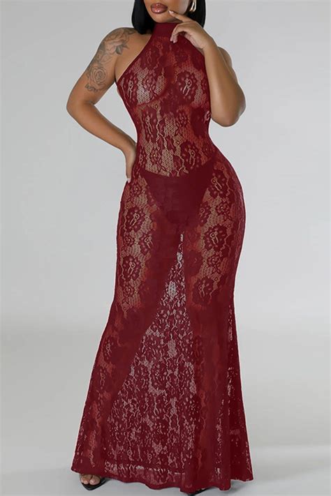 Wholesale Burgundy Sexy Solid Lace Patchwork See Through O Neck Long