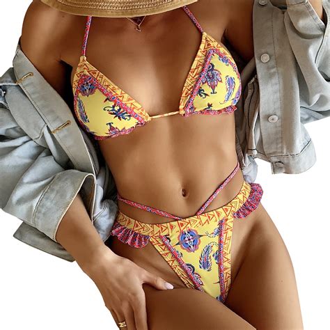 Sunloudy Womens Swimsuits Thong Micro Bikini Ethnic Style Two Piece Sets Bathing Suit Bandeau