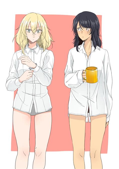 Safebooru 2girls Adjusting Shirt Andou Girls Und Panzer Bangs Black Hair Black Panties Brown