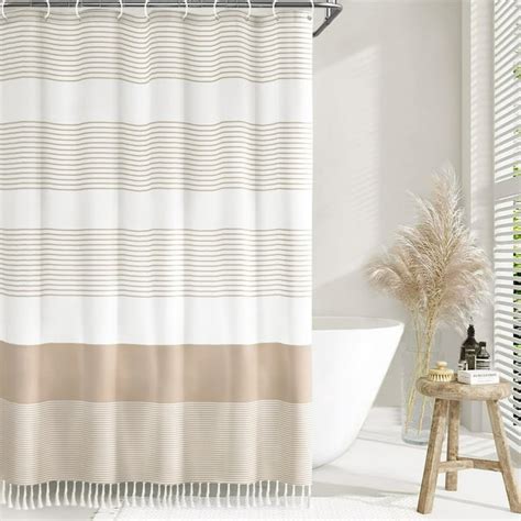 Boho Beige Shower Curtain For Bathroom Stripe Tassel Fabric Shower