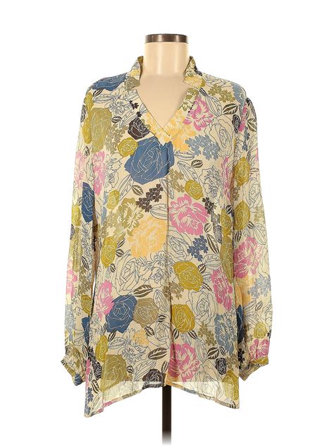 J Jill Rayon Floral Motif Floral Yellow Long Sleeve Blouse Size M