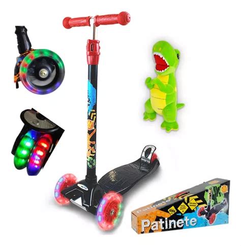 Kit Patinete Infantil Vermelho Rodas Led Dinossauro Fofo Frete Gr Tis