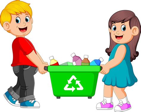 dos niños llevan papelera de reciclaje 13799341 Vector en Vecteezy