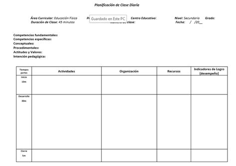 Planilla De Una Planificaci N Diaria De Educaci N F Sica De Nivel