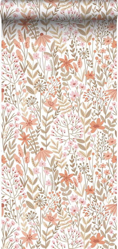 Papier Peint intissé fleurs des champs rose terracotta et vert grisé