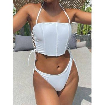 Emmiol Free Shipping 2024 Lace Up Longline Halter Bikini Set White M In